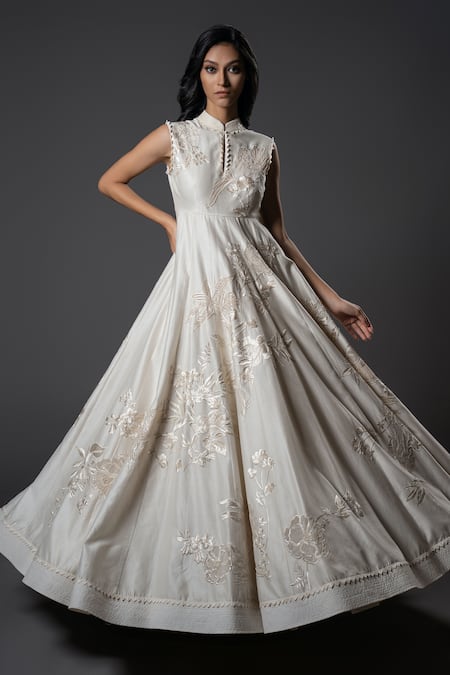 Rohit Bal_Ivory Chanderi Silk, Voile Embroidery Mandarin Misty Bloom Resham Anarkali Set _Online_at_Aza_Fashions