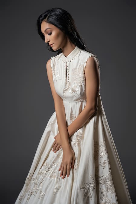 Buy_Rohit Bal_Ivory Chanderi Silk, Voile Embroidery Mandarin Misty Bloom Resham Anarkali Set _Online_at_Aza_Fashions
