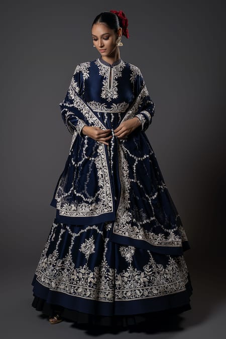 Rohit Bal Blue Chanderi Silk Lining Voil Embroidery Ivy Resham Anarkali Set 