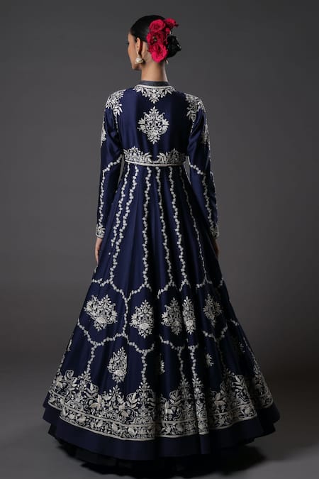 Shop_Rohit Bal_Blue Silk, Voile, Embroidery Ivy Vine Resham Anarkali Set _at_Aza_Fashions