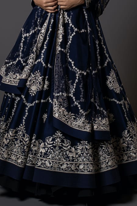 Rohit Bal_Blue Silk, Voile, Embroidery Ivy Vine Resham Anarkali Set _Online_at_Aza_Fashions