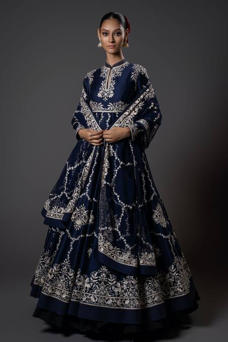 Buy_Rohit Bal_Blue Silk, Voile, Embroidery Ivy Vine Resham Anarkali Set _Online_at_Aza_Fashions