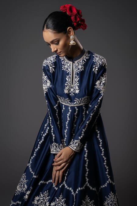 Shop_Rohit Bal_Blue Silk, Voile, Embroidery Ivy Vine Resham Anarkali Set _Online_at_Aza_Fashions