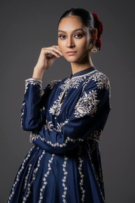 Rohit Bal_Blue Silk, Voile, Embroidery Ivy Vine Resham Anarkali Set _at_Aza_Fashions