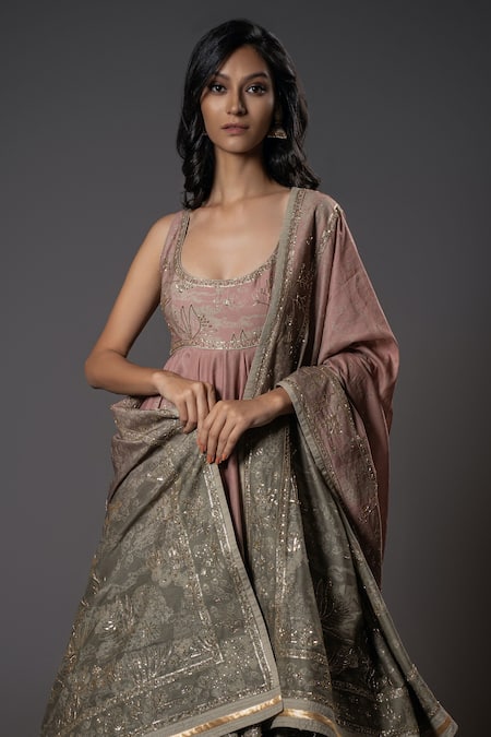 Buy_Rohit Bal_Pink Silk, Voile, Cotton, Spring Blossom Anarkali Set _Online_at_Aza_Fashions