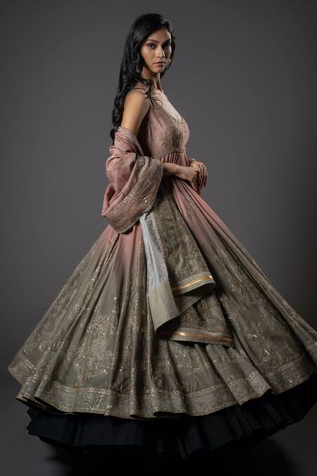 Rohit Bal_Pink Silk, Voile, Cotton, Spring Blossom Anarkali Set _at_Aza_Fashions