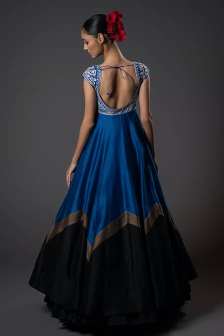 Shop_Rohit Bal_Blue Chanderi Silk, Voile, Cotton Embroidery Sweetheart Floral Anarkali Set _at_Aza_Fashions