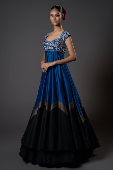Rohit Bal_Blue Chanderi Silk, Voile, Cotton Embroidery Sweetheart Floral Anarkali Set _Online_at_Aza_Fashions