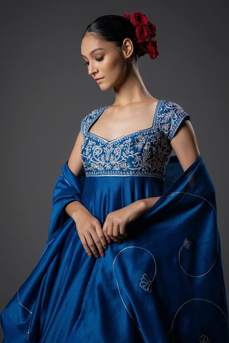 Buy_Rohit Bal_Blue Chanderi Silk, Voile, Cotton Embroidery Sweetheart Floral Anarkali Set _Online_at_Aza_Fashions