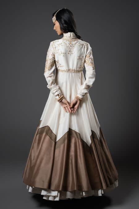 Shop_Rohit Bal_Ivory Chanderi Silk, Voile Embroidery V-neck Angrakha Anarkali And Churidar Set _at_Aza_Fashions