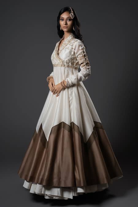 Rohit Bal_Ivory Chanderi Silk, Voile Embroidery V-neck Angrakha Anarkali And Churidar Set _Online_at_Aza_Fashions