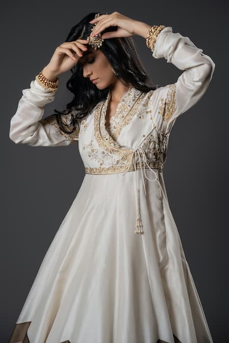 Buy_Rohit Bal_Ivory Chanderi Silk, Voile Embroidery V-neck Angrakha Anarkali And Churidar Set _Online_at_Aza_Fashions