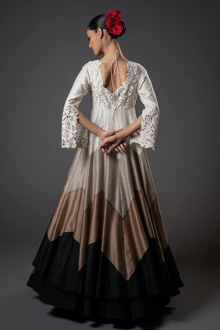 Shop_Rohit Bal_Ivory Chanderi Silk, Voile, Cotton Floral Cutwork Anarkali And Churidar Set _at_Aza_Fashions