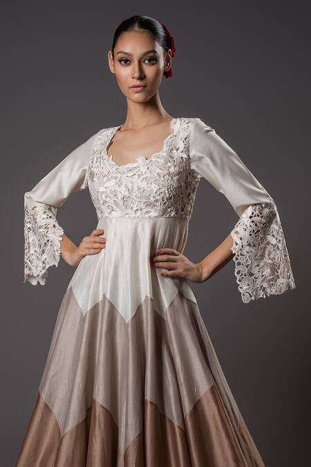 Rohit Bal_Ivory Chanderi Silk, Voile, Cotton Floral Cutwork Anarkali And Churidar Set _Online_at_Aza_Fashions