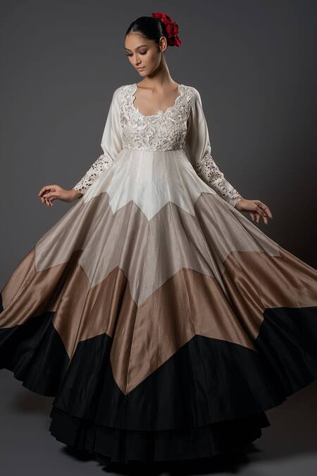 Buy_Rohit Bal_Ivory Chanderi Silk, Voile, Cotton Floral Cutwork Anarkali And Churidar Set _Online_at_Aza_Fashions