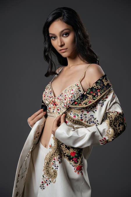 Rohit Bal_Ivory Silk, Chanderi Silk, Voile Embroidery Resham Work Jacket Pant Set _Online_at_Aza_Fashions