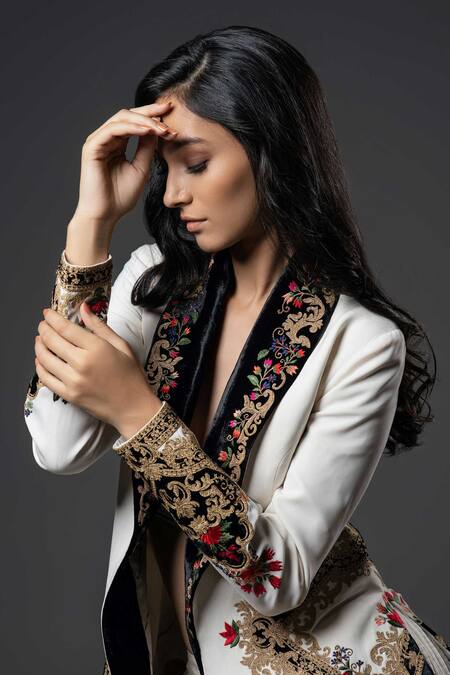 Buy_Rohit Bal_Ivory Silk, Chanderi Silk, Voile Embroidery Resham Work Jacket Pant Set _Online_at_Aza_Fashions