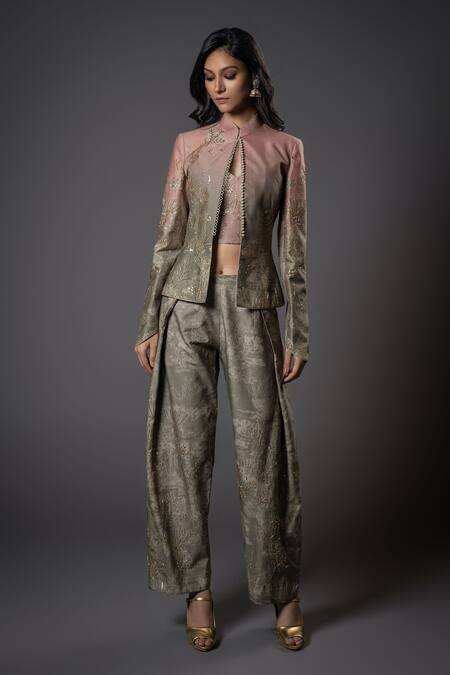 Rohit Bal_Purple Chanderi Silk, Voile Sequins, Embroidery Ombre Jacket Pant Set _Online_at_Aza_Fashions