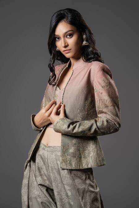 Rohit Bal_Purple Chanderi Silk, Voile Sequins, Embroidery Ombre Jacket Pant Set _at_Aza_Fashions