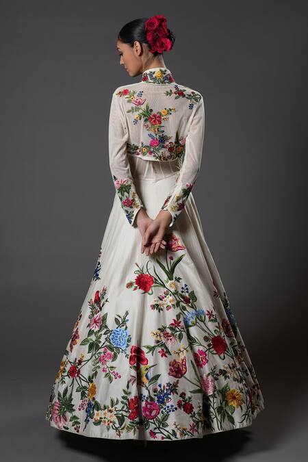 Shop_Rohit Bal_Ivory Net, Chanderi Silk, Voile, Cotton Floral Jacket Anarkali And Churidar Set _at_Aza_Fashions