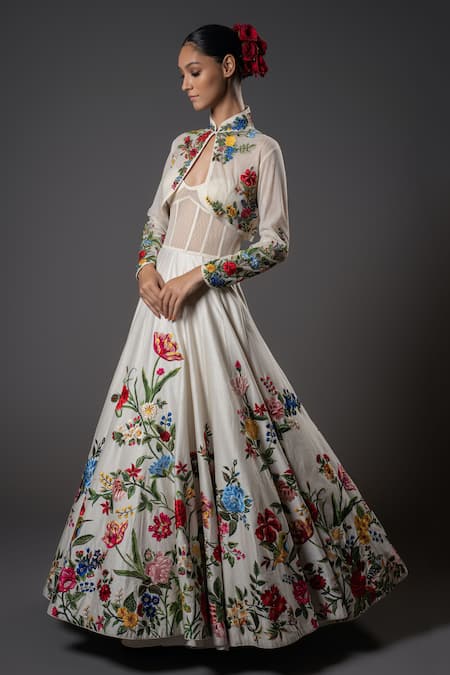 Rohit Bal_Ivory Net, Chanderi Silk, Voile, Cotton Floral Jacket Anarkali And Churidar Set _Online_at_Aza_Fashions