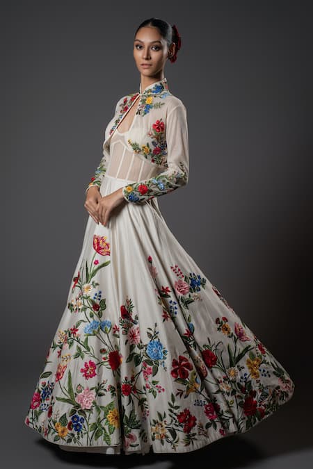 Buy_Rohit Bal_Ivory Net, Chanderi Silk, Voile, Cotton Floral Jacket Anarkali And Churidar Set _Online_at_Aza_Fashions