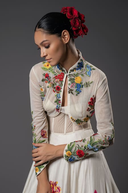 Shop_Rohit Bal_Ivory Net, Chanderi Silk, Voile, Cotton Floral Jacket Anarkali And Churidar Set _Online_at_Aza_Fashions