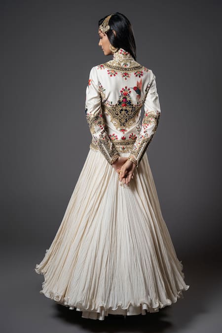Shop Rohit Bal Ivory Silk, Chanderi Silk, Voile Embroidery Mandarin Collar Paisley Jacket at Aza Fashions Shop_Rohit Bal_Ivory Silk, Chanderi Silk, Voile Embroidery Mandarin Collar Paisley Jacket _at_Aza_Fashions