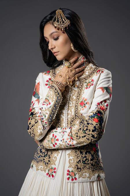 Rohit Bal Ivory Silk, Chanderi Silk, Voile Embroidery Mandarin Collar Paisley Jacket Online at Aza Fashions Rohit Bal_Ivory Silk, Chanderi Silk, Voile Embroidery Mandarin Collar Paisley Jacket _Online_at_Aza_Fashions