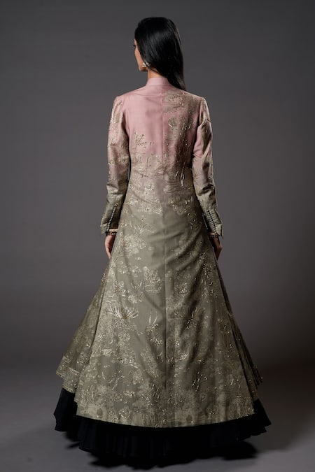 Shop_Rohit Bal_Purple Chanderi Silk, Voile Sequins, Embroidery Mandarin Shibori Print Jacket _at_Aza_Fashions