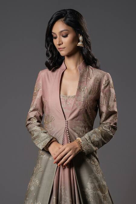 Rohit Bal_Purple Chanderi Silk, Voile Sequins, Embroidery Mandarin Shibori Print Jacket _Online_at_Aza_Fashions