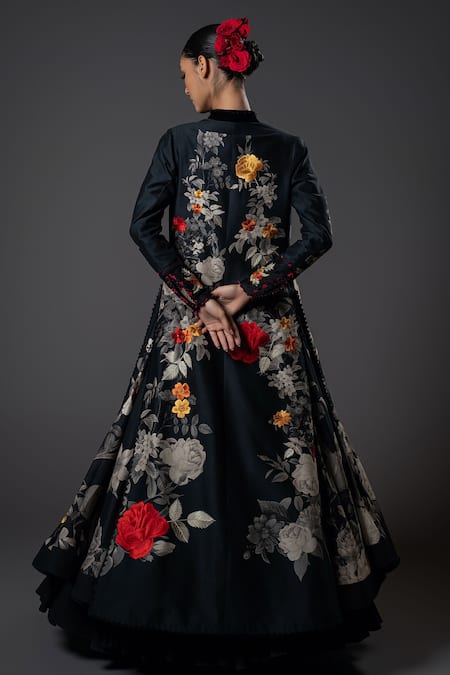Shop Rohit Bal Black Silk, Chanderi Silk, Voile Embroidery Mandarin Collar Floral Print Jacket at Aza Fashions Shop_Rohit Bal_Black Silk, Chanderi Silk, Voile Embroidery Mandarin Collar Floral Print Jacket _at_Aza_Fashions