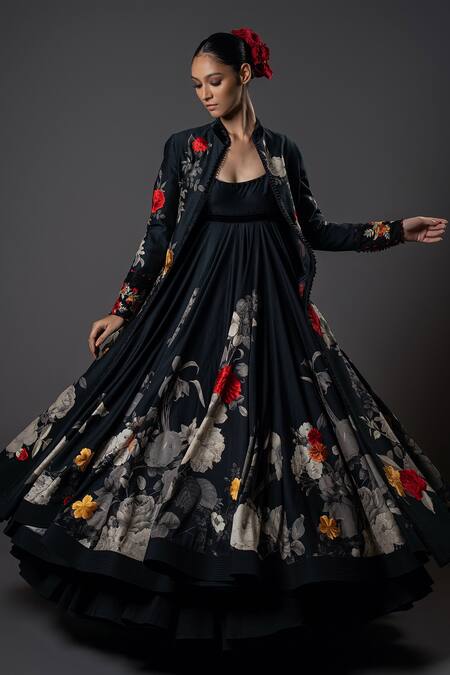 Rohit Bal Black Silk, Chanderi Silk, Voile Embroidery Mandarin Collar Floral Print Jacket Online at Aza Fashions Rohit Bal_Black Silk, Chanderi Silk, Voile Embroidery Mandarin Collar Floral Print Jacket _Online_at_Aza_Fashions