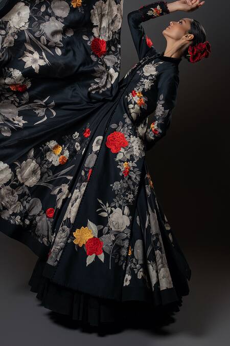 Buy Rohit Bal Black Silk, Chanderi Silk, Voile Embroidery Mandarin Collar Floral Print Jacket Online at Aza Fashions Buy_Rohit Bal_Black Silk, Chanderi Silk, Voile Embroidery Mandarin Collar Floral Print Jacket _Online_at_Aza_Fashions