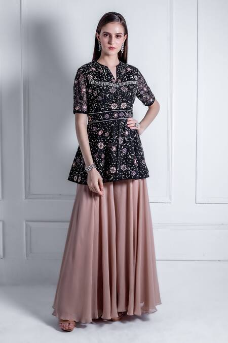 Buy Black Tulle Embroidery Thread Notched Ciro Peplum Kurta And