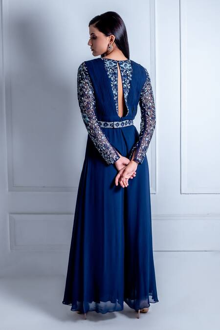 Radhika & Raghav Blue Georgette Embroidery Thread Jasmine Neckline Jumpsuit With Belt   2