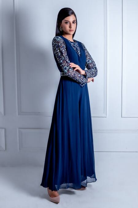 Radhika & Raghav Blue Georgette Embroidery Thread Jasmine Neckline Jumpsuit With Belt   3