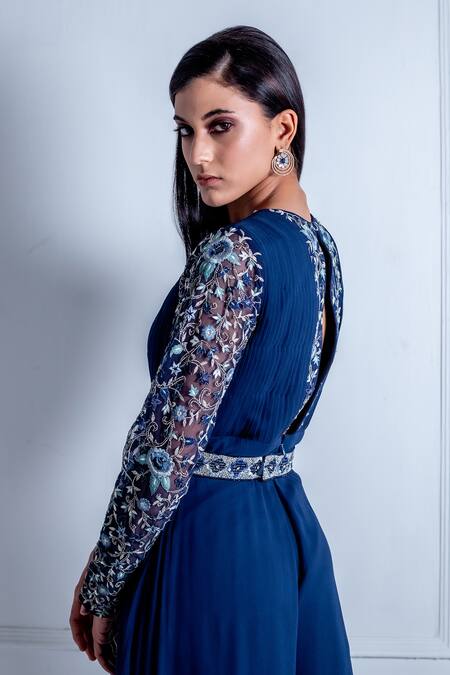 Radhika & Raghav Blue Georgette Embroidery Thread Jasmine Neckline Jumpsuit With Belt   5