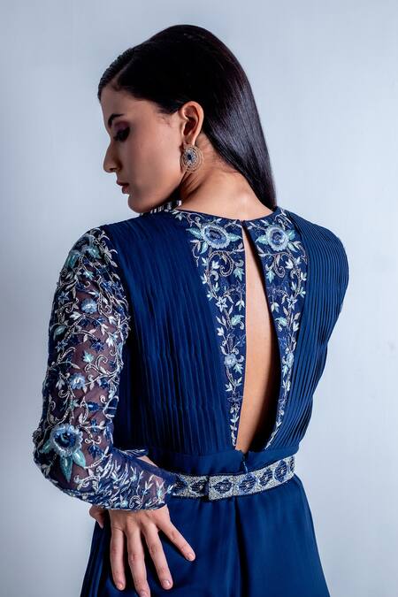 Radhika & Raghav Blue Georgette Embroidery Thread Jasmine Neckline Jumpsuit With Belt   6