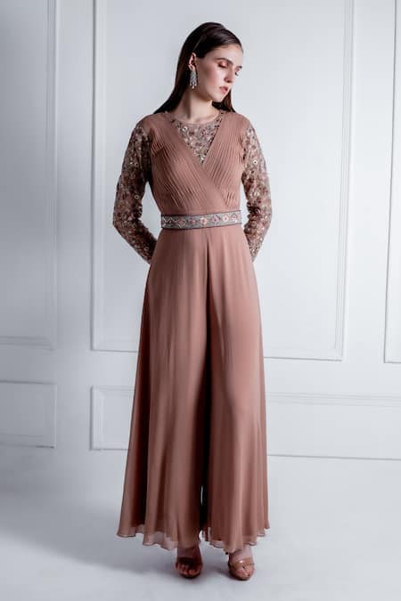 Radhika & Raghav Beige Georgette Embroidery Thread Jasmine Sleeve Jumpsuit With Belt  