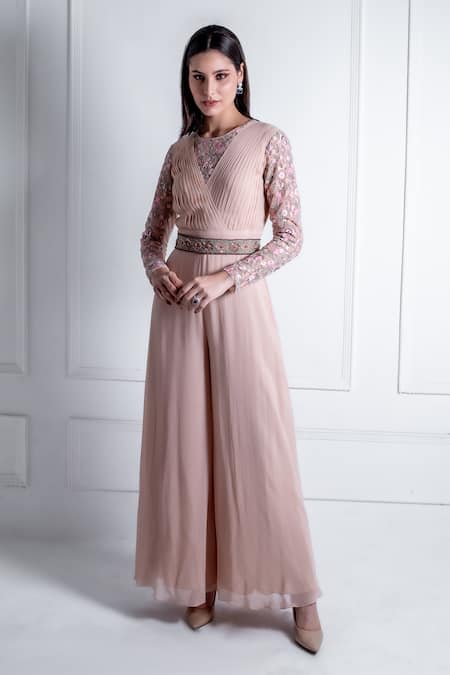 Radhika & Raghav Pink Georgette Embroidery Thread Jasmine Floral Jumpsuit With Belt  