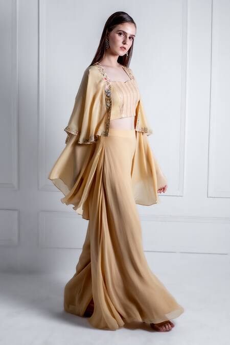 Radhika & Raghav_Gold Georgette Embroidery Thread Cape Open Mia Border Sharara Set _Online_at_Aza_Fashions