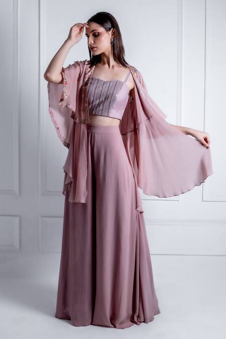 Radhika & Raghav_Purple Georgette Embroidery Thread Cape Open Mia Floral Sharara Set _Online_at_Aza_Fashions