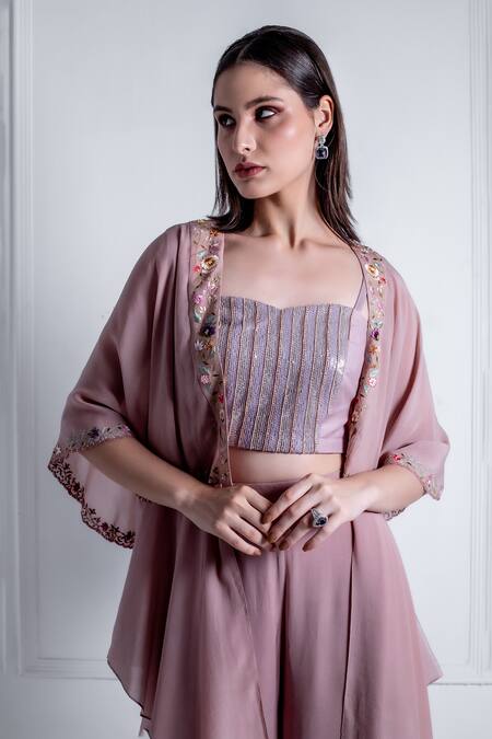 Shop_Radhika & Raghav_Purple Georgette Embroidery Thread Cape Open Mia Floral Sharara Set _Online_at_Aza_Fashions
