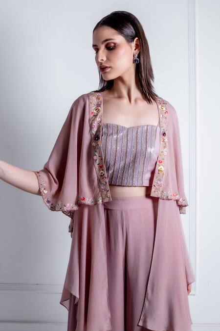 Buy_Radhika & Raghav_Purple Georgette Embroidery Thread Cape Open Mia Floral Sharara Set 