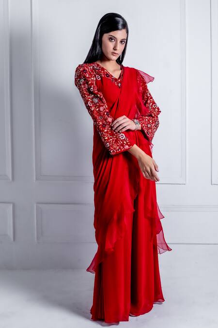Radhika & Raghav_Red Georgette Embroidered Sequin V Raiden Floral Yoke Jumpsuit Saree _Online_at_Aza_Fashions