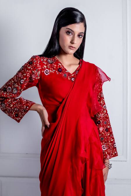 Buy_Radhika & Raghav_Red Georgette Embroidered Sequin V Raiden Floral Yoke Jumpsuit Saree _Online_at_Aza_Fashions