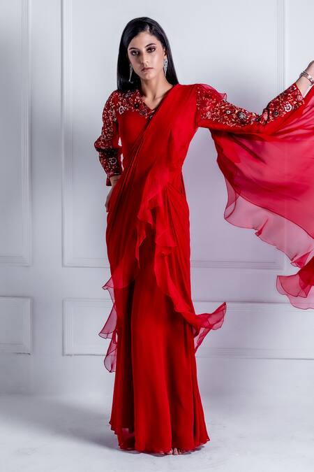 Shop_Radhika & Raghav_Red Georgette Embroidered Sequin V Raiden Floral Yoke Jumpsuit Saree _Online_at_Aza_Fashions