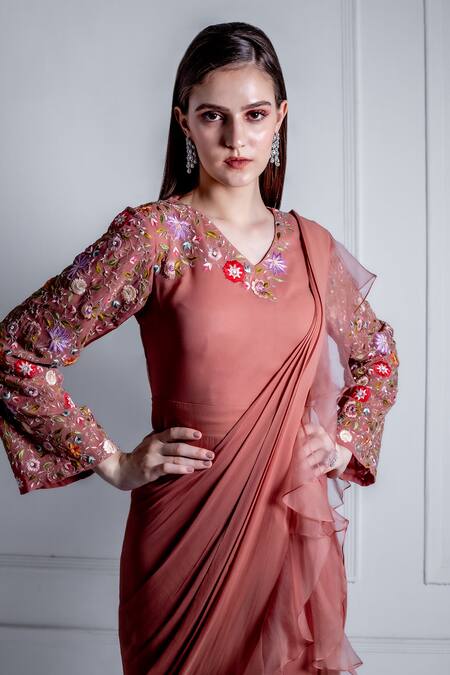 Radhika & Raghav_Pink Georgette Embroidered Sequin V Raiden Thread Yoke Jumpsuit Saree _Online_at_Aza_Fashions