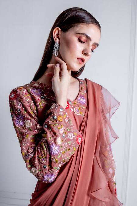 Buy_Radhika & Raghav_Pink Georgette Embroidered Sequin V Raiden Thread Yoke Jumpsuit Saree _Online_at_Aza_Fashions